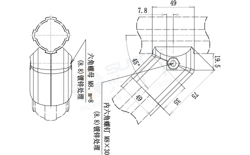 45°外接接头尺寸图 45°外接接头尺寸图