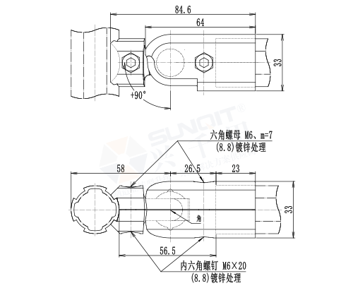 90°活动外接头尺寸图